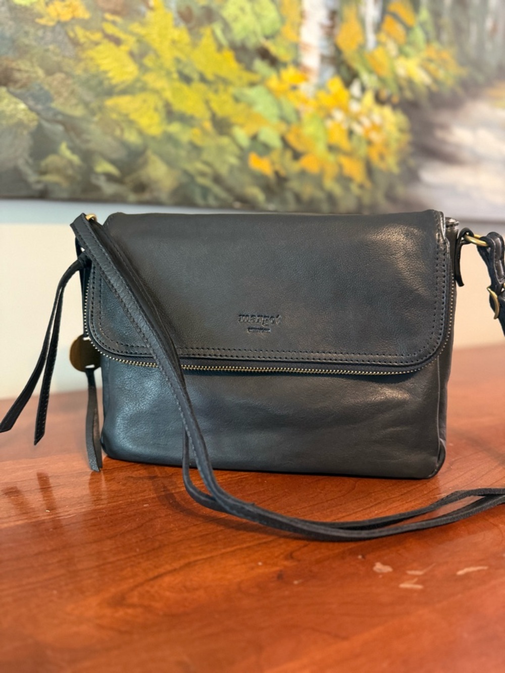 Margot NYC Black Leather Adjustable Crossbody | Flap Top | Minimalist Classic